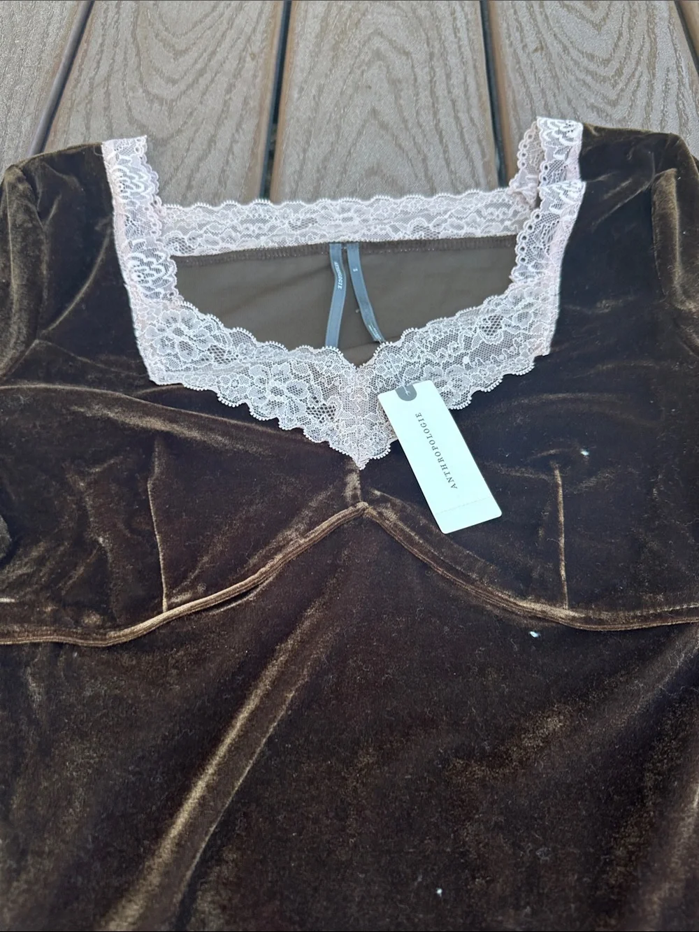 Anthropologie Brown Velvet Top with Cream Lace Trim